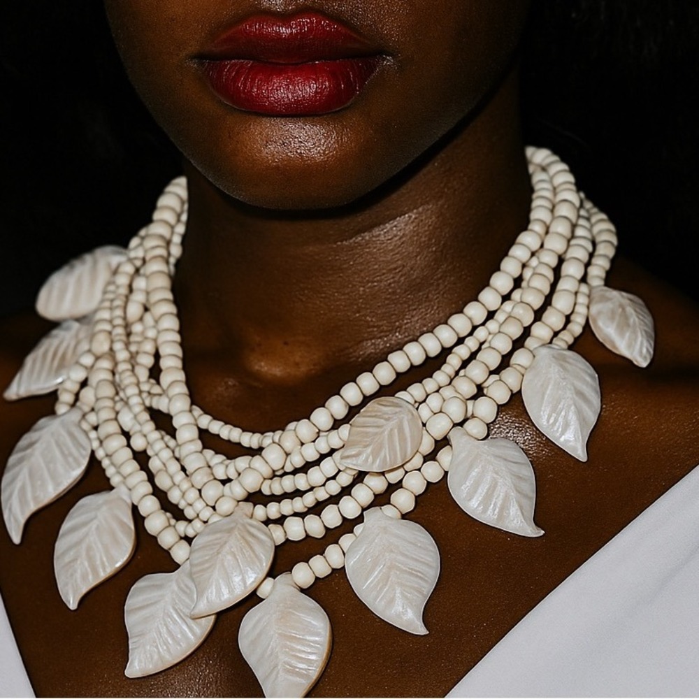 Vintage Beaded Leaf Necklace Stack Cream Ivory Multi Strand Bohemian Resort Art